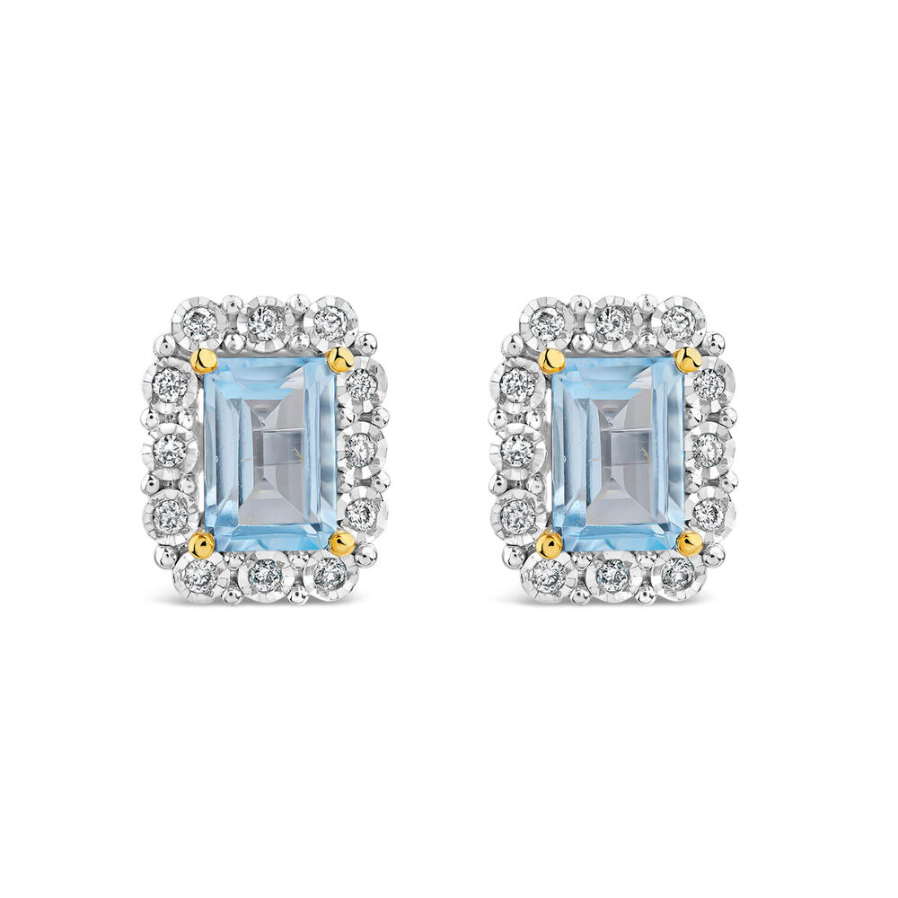 9ct Yellow Gold Rectangular Blue Topaz 0.11ct Diamond Halo Stud Earrings