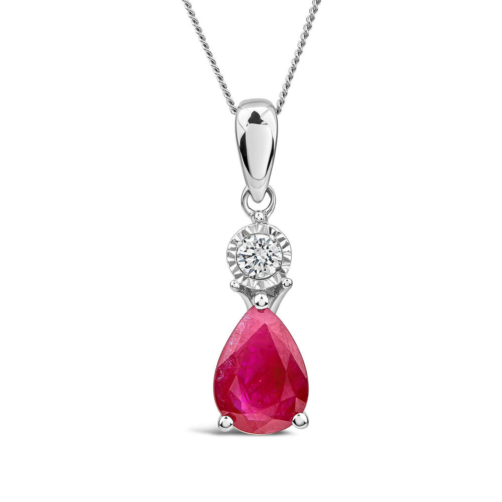 9ct White Gold Pear Ruby & Diamond Top Pendant
