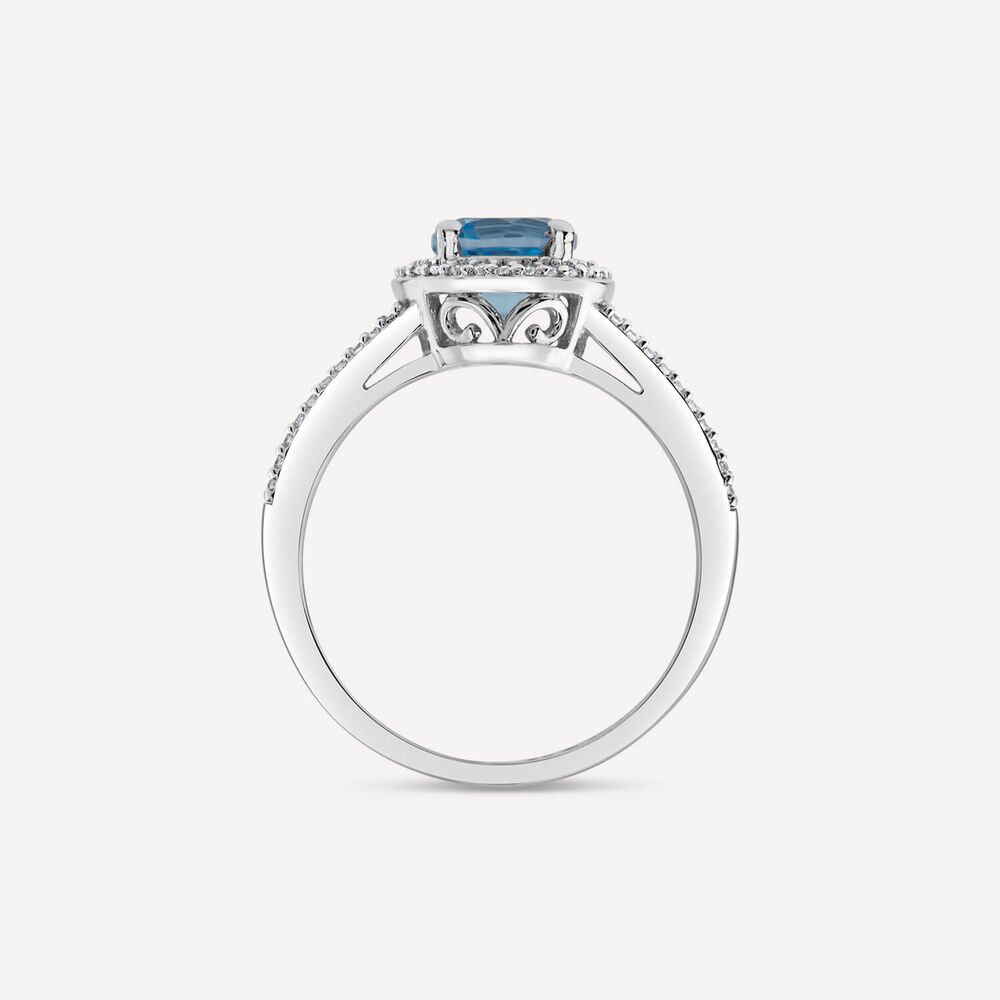 9ct White Gold London Blue Topaz & 0.16ct Round Halo Diamond Split Shoulders Ring image number 3