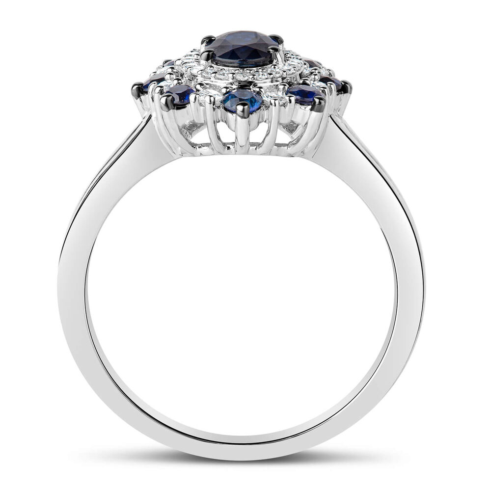 9ct White Gold Diamond and Sapphire Floral Cluster Ring image number 2