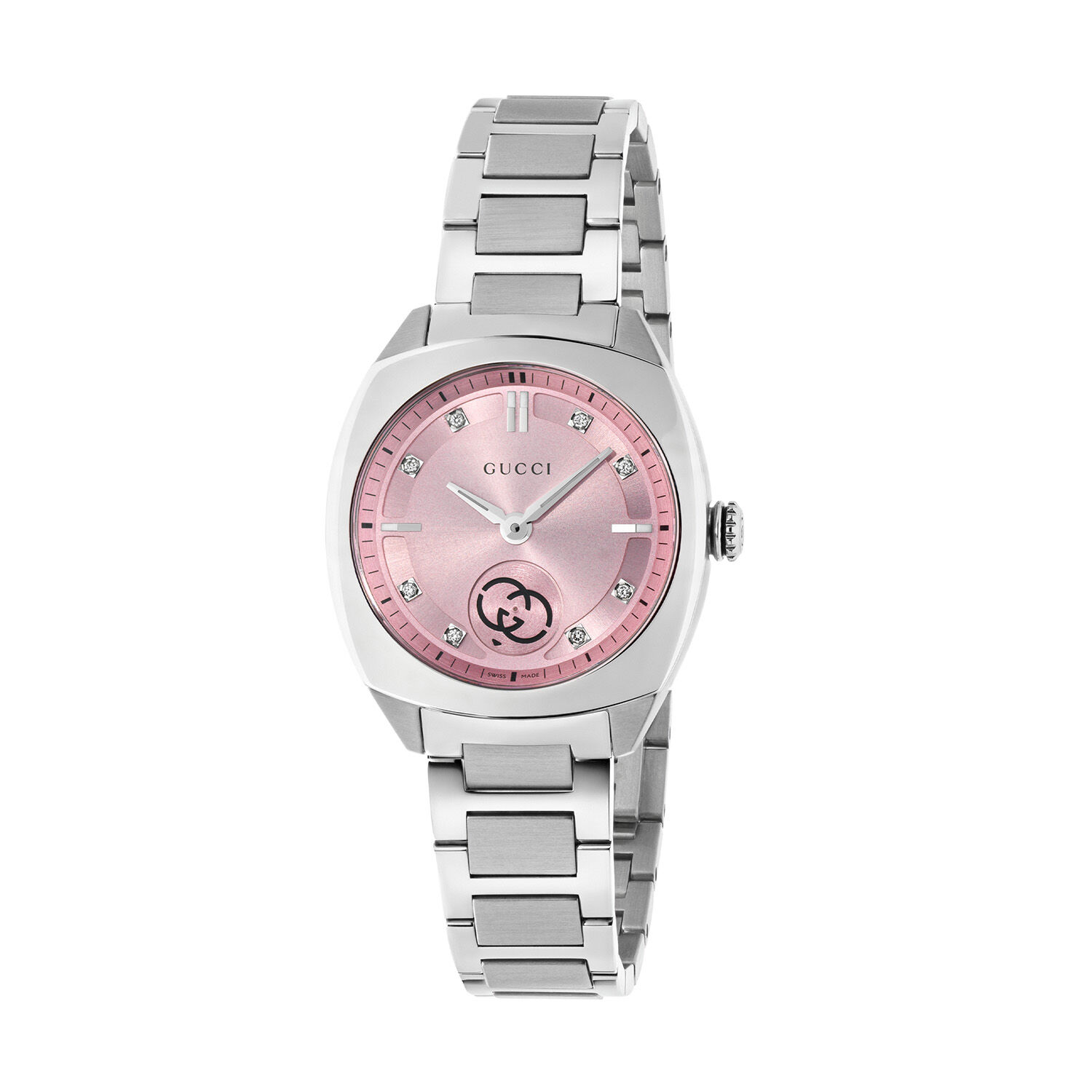 稀少 GUCCI(グッチ) G-Frame Pink Dial Diamonds Ladies Watch GUCCI G-Frame SS Square Dial Fuchsia MOP Dial Women's Watch