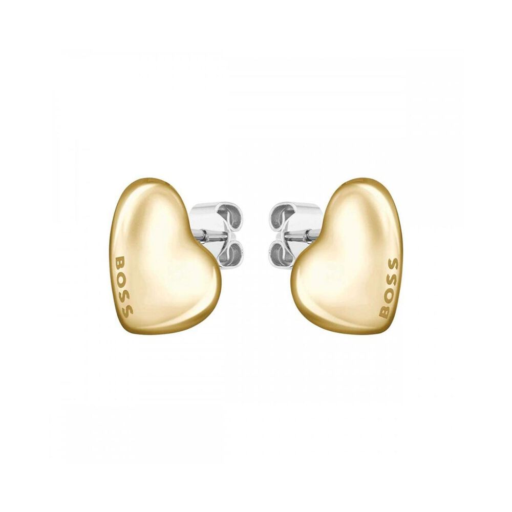 BOSS Honey Gold Toned Stainless Steel Heart Shaped Branded Stud Earrings