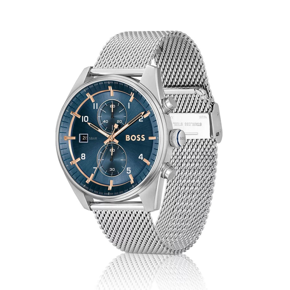 BOSS Skytraveller Chronograph 44mm Blue Dial Steel Mesh Bracelet Watch image number 1
