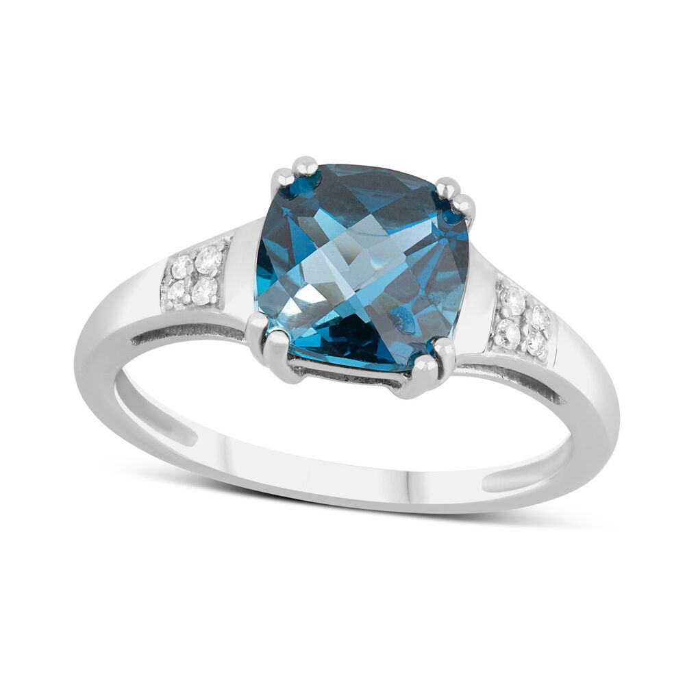 9ct White Gold 0.02ct Diamond Sides Cushion Blue Topaz Ring