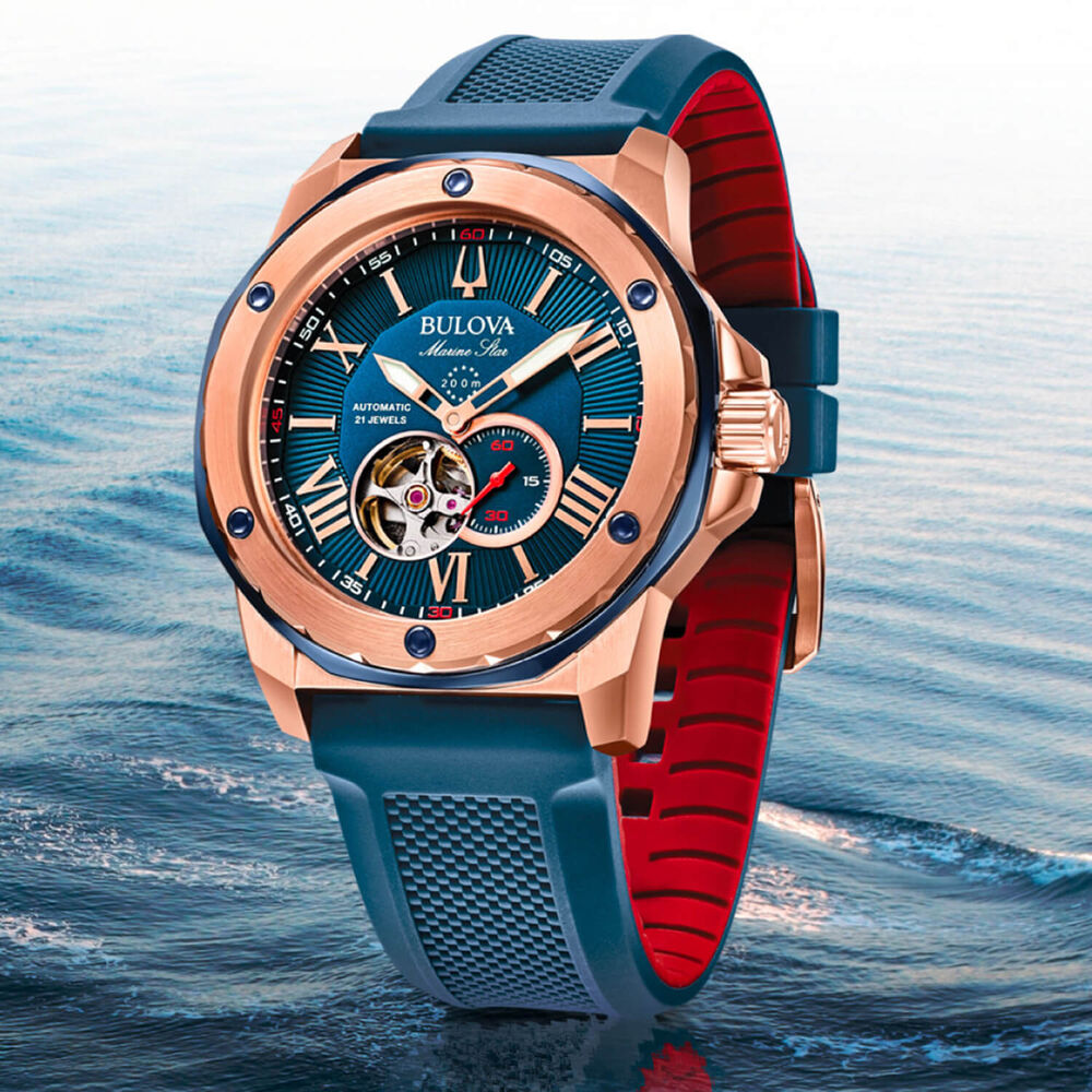 Bulova Marine Star 45mm Automatic Blue Dial Blue Strap Watch image number 4