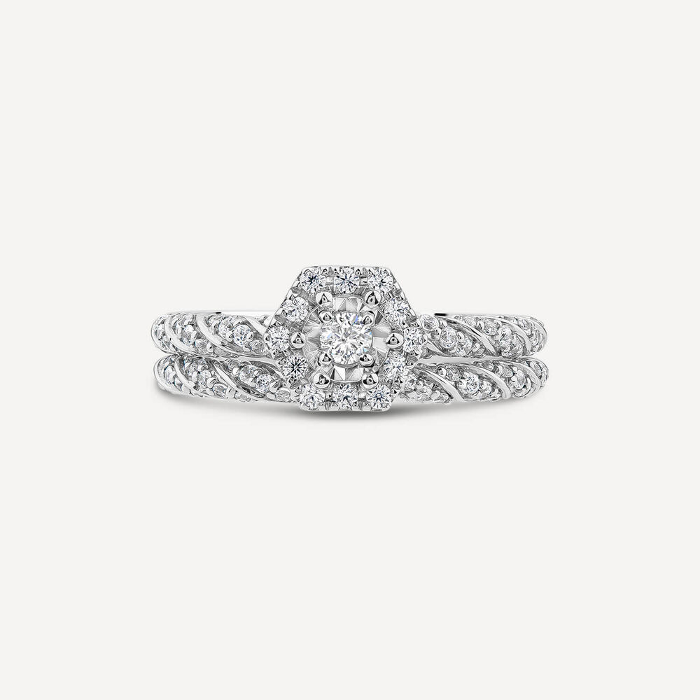 18ct White Gold 0.56ct Hexagon Cluster & Twist Diamond Shoulders Bridal Set image number 3