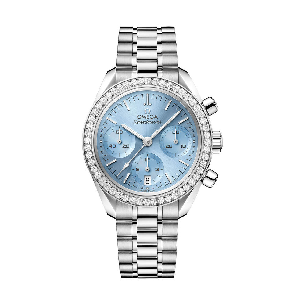 OMEGA Speedmaster 38mm Ice Blue Dial Diamond Set Bezel Steel Bracelet Watch