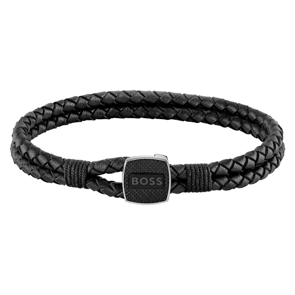 BOSS Gents Seal Braided Black Leather Bracelet