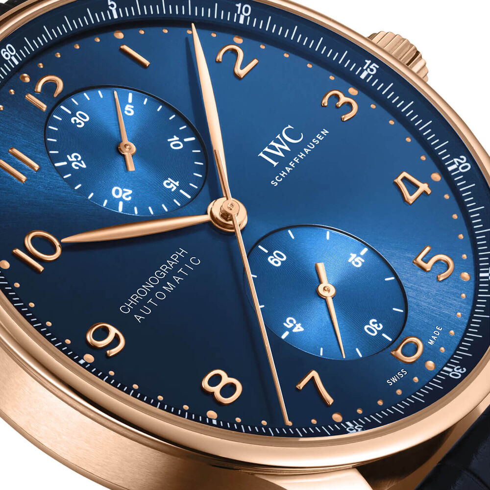 IWC Schaffhausen Portugieser Chronograph 42mm Blue Dial 18ct 5N Gold Case Leather Watch image number 3