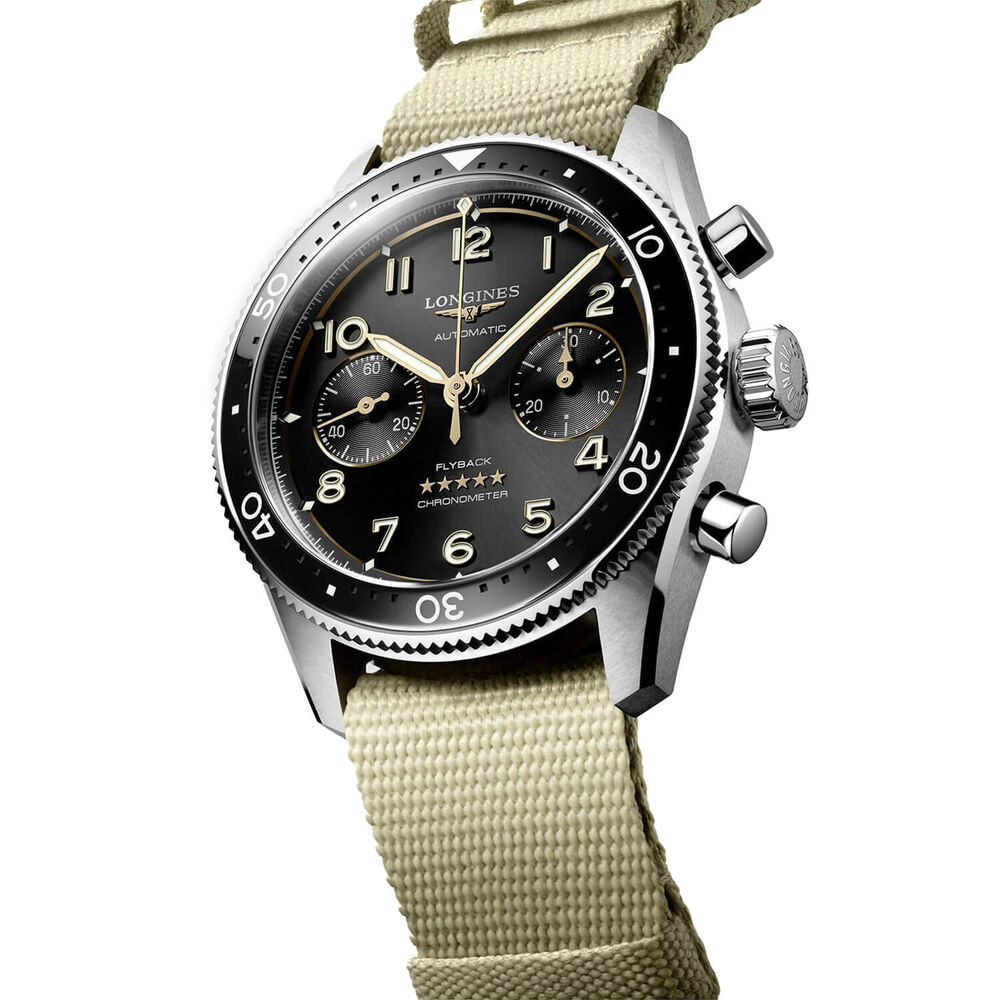 Longines Spirit Flyback 42mm Black Chronograph Dial Beige Strap Watch image number 2