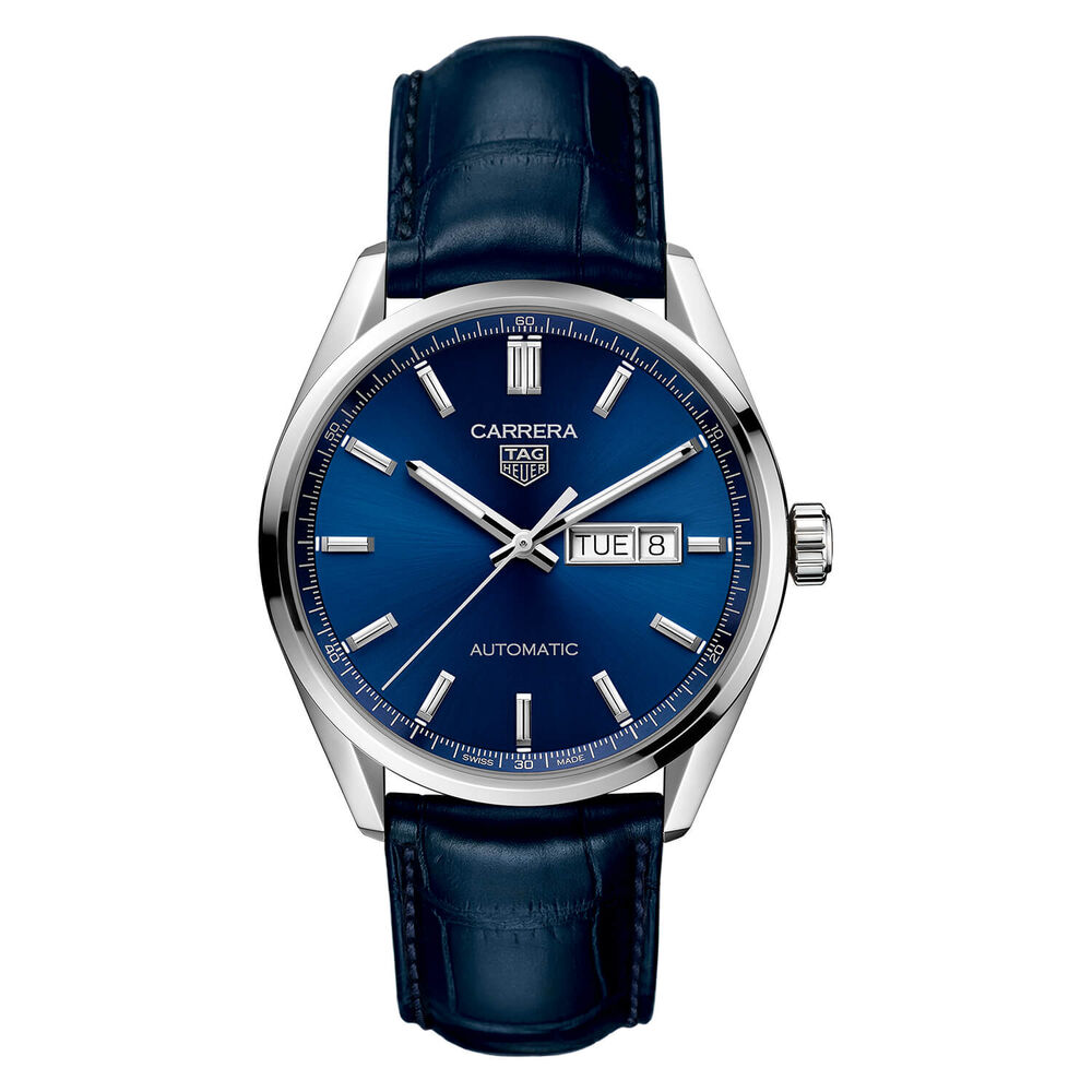 TAG Heuer Carrera Day-Date 41mm Automatic Blue Dial Steel Case Blue Leather Strap Watch
