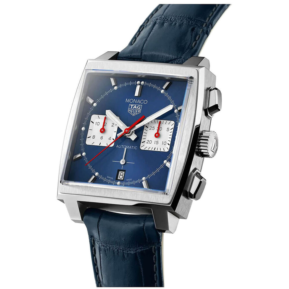 TAG Heuer Monaco Chronograph 39mm Blue Dial Leather Strap Watch image number 2