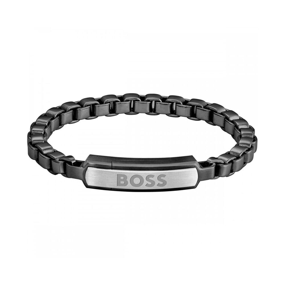 BOSS Devon Box Chain Black IP Logo Plate Bracelet