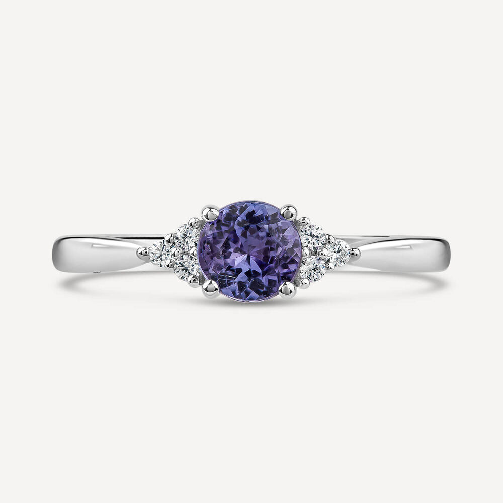 9ct White Gold Round Tanzanite & 0.05ct Trefoil Diamond Sides Ring