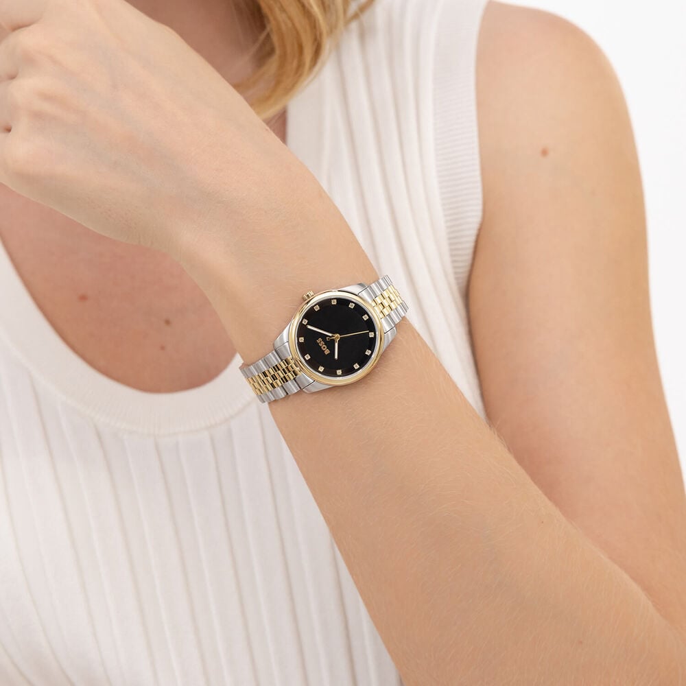BOSS Graceful Precious 32mm Black Dial Gold Tone Bezel Steel Bracelet Watch image number 5