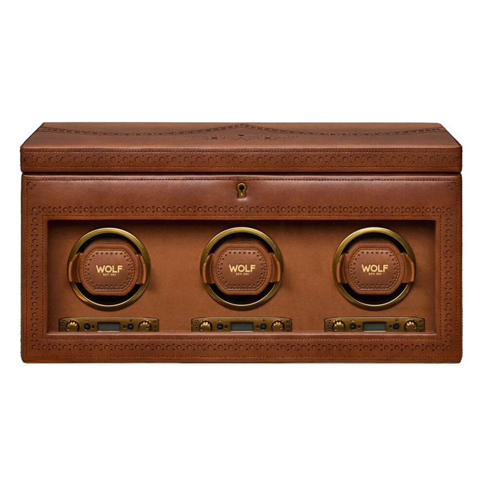 WOLF Brogue Burnished Brown Triple Watch Winder With Storage