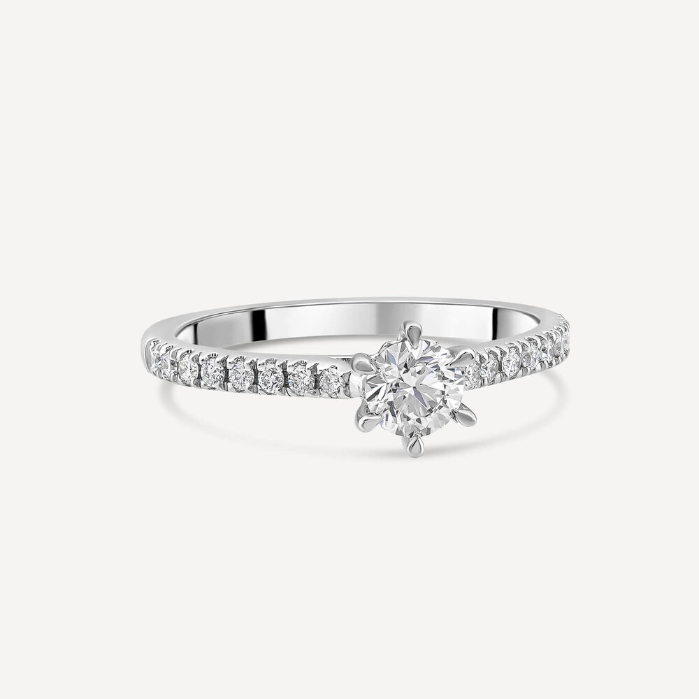 Platinum 0.40ct Round Diamond Six Claw Solitaire & Shoulders Ring image number 2
