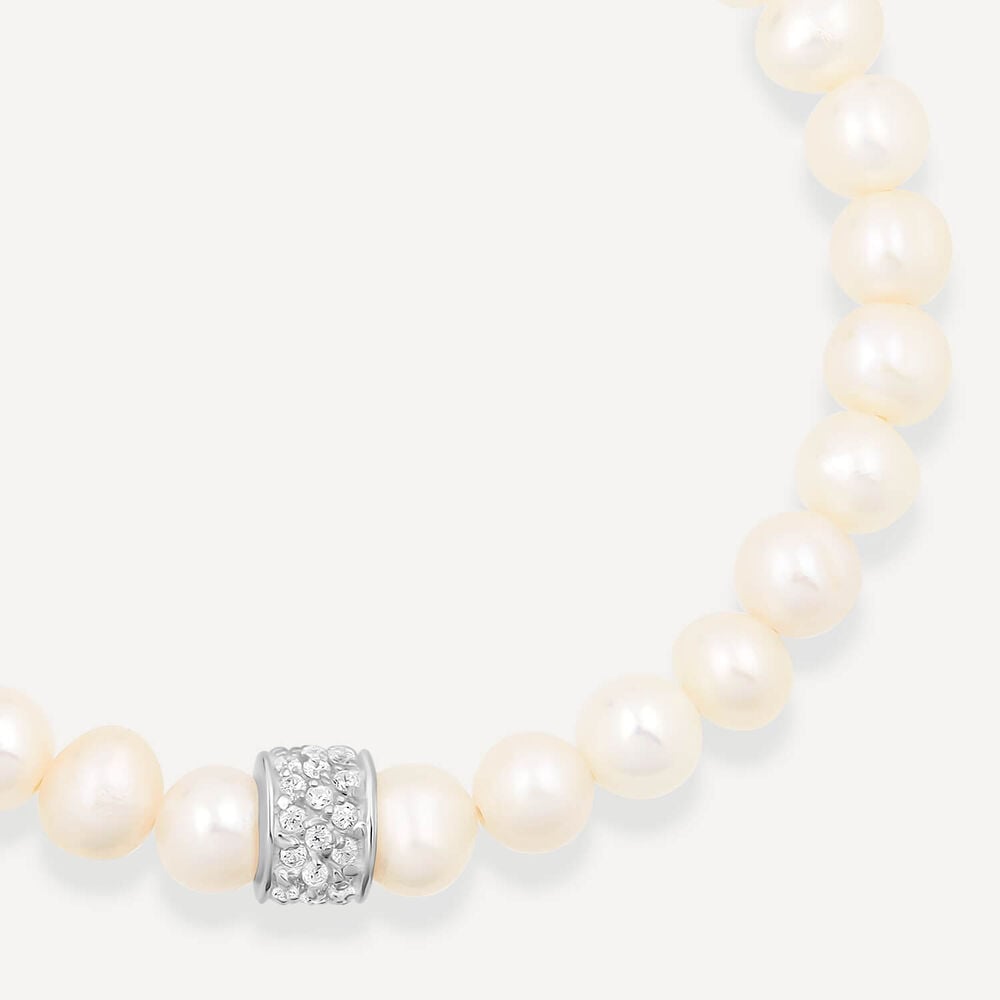 Sterling Silver Freshwater Pearls & Pave Cubic Zirconia Barrel Bracelet image number 1