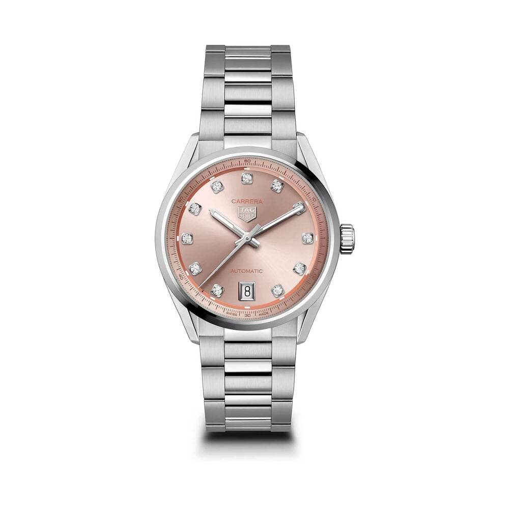 TAG Heuer Carrera Date 36mm Pink Dial Diamond Dots Stainless Steel Bracelet Watch image number 0