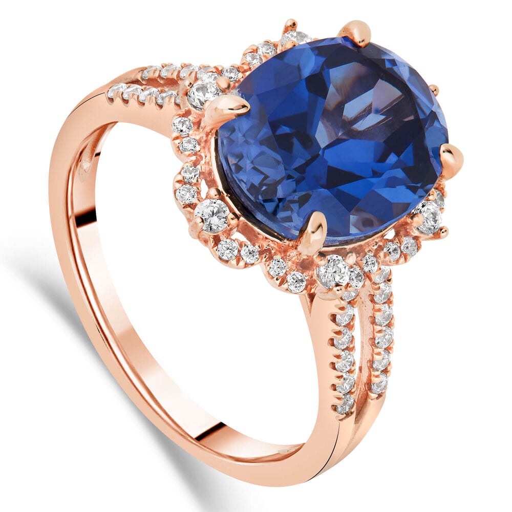 9ct Rose Gold Large Oval Created Sapphire Diamond Surrounding & Shoulders 0.29ct Ring image number 0