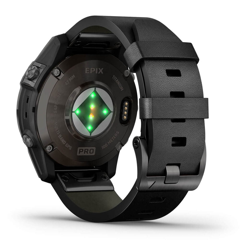 Garmin Epix Pro Gen 2 Sapphire 47mm Carbon Grey DLC Titanium Case Black Leather Strap Watch image number 8