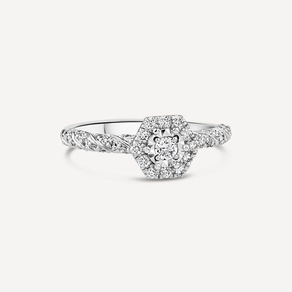 18ct White Gold Hexagon Halo Vintage 0.35ct Diamond Shoulders Ring image number 2