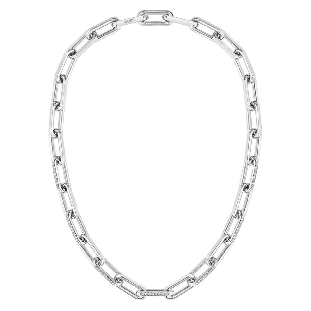 BOSS Halia Crystal Set Silver Link Stainless Steel Necklace image number 0