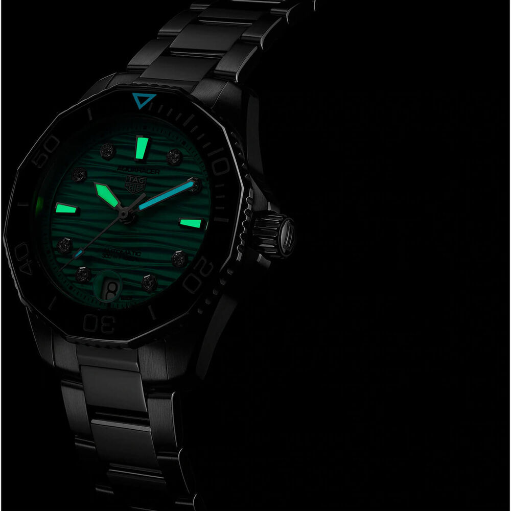 TAG  Heuer Aquaracer Professional 300 Date 36mm Turqoise Dial Diamond Dots Rubber Strap Watch image number 4