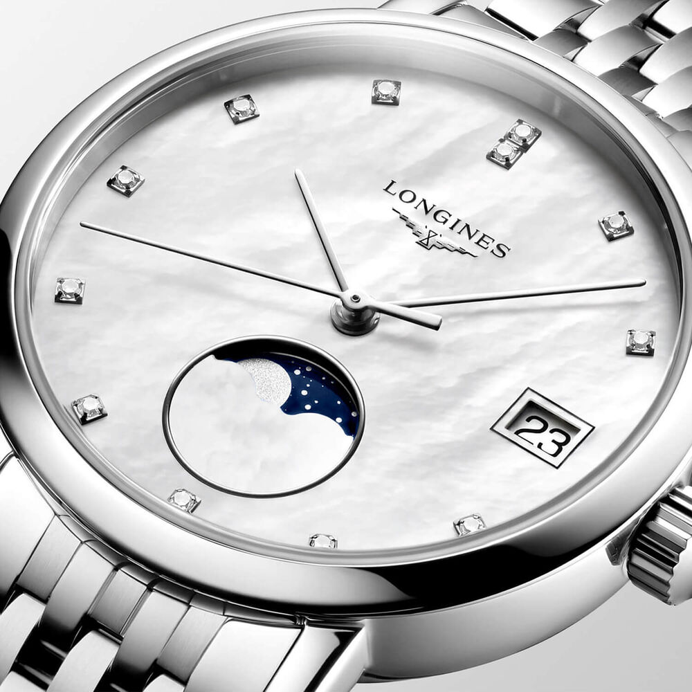 Longines Elegant 30mm MOP Dial Moonphase Diamond Dots Steel Bracelet Watch image number 2