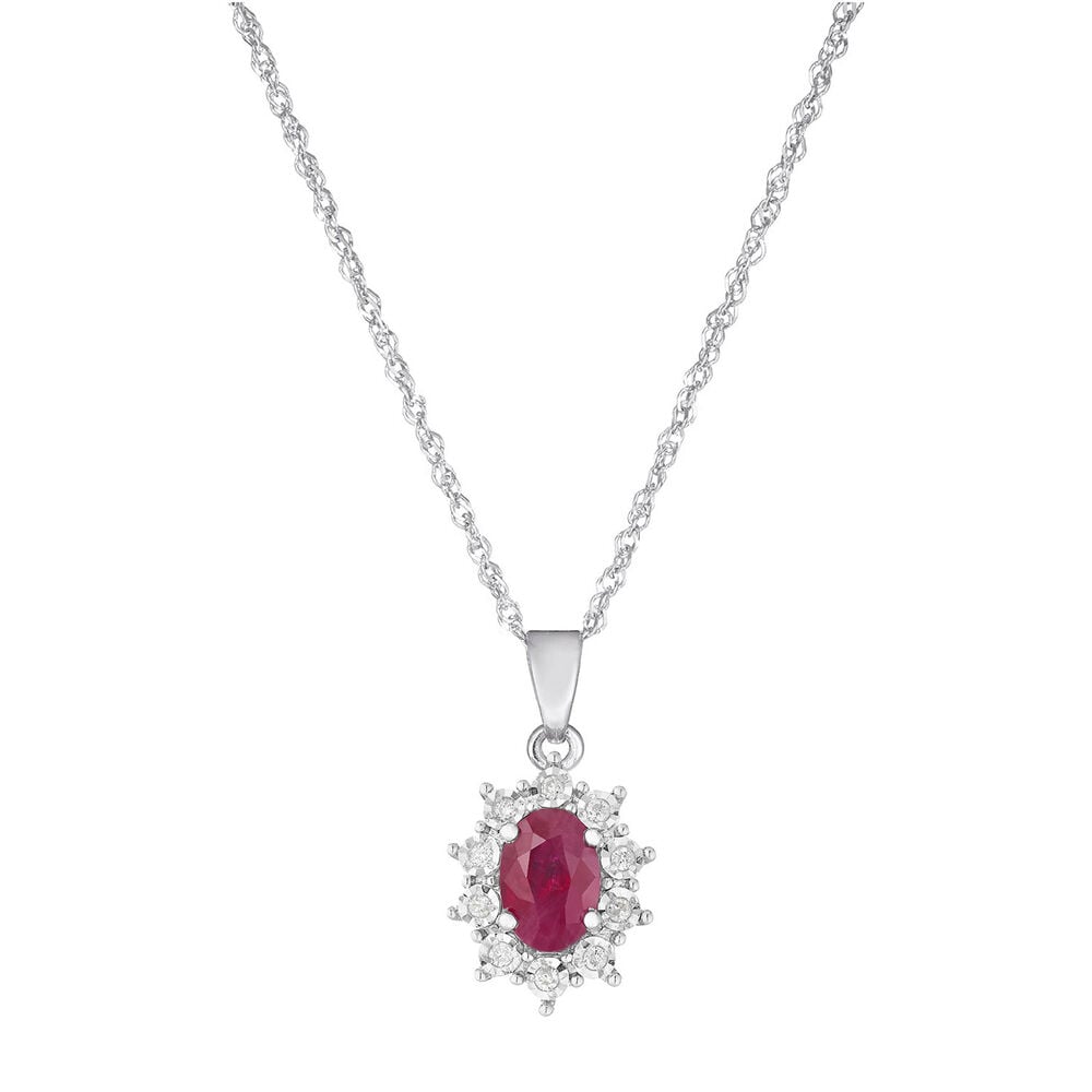 9ct white gold oval ruby and diamond pendant image number 0