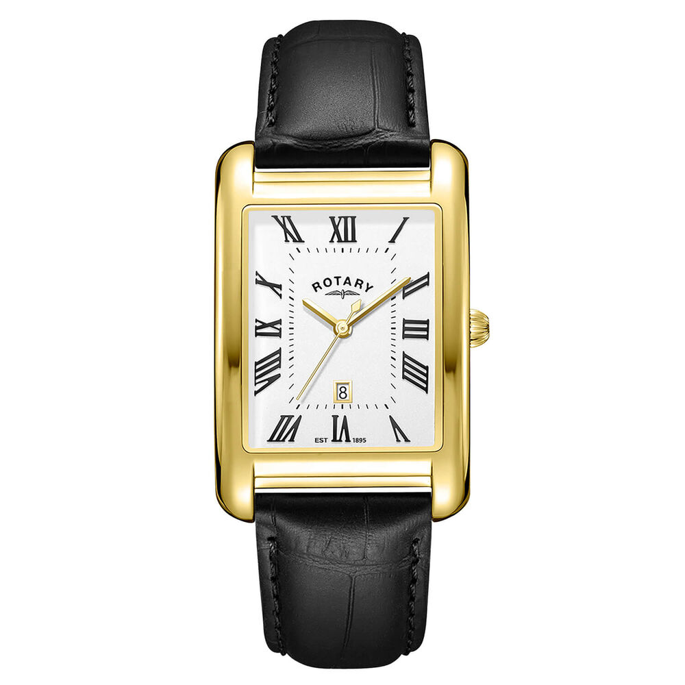 Rotary Heritage Astoria 29x36mm White Dial Gold PVD Case Black Leather Strap Watch