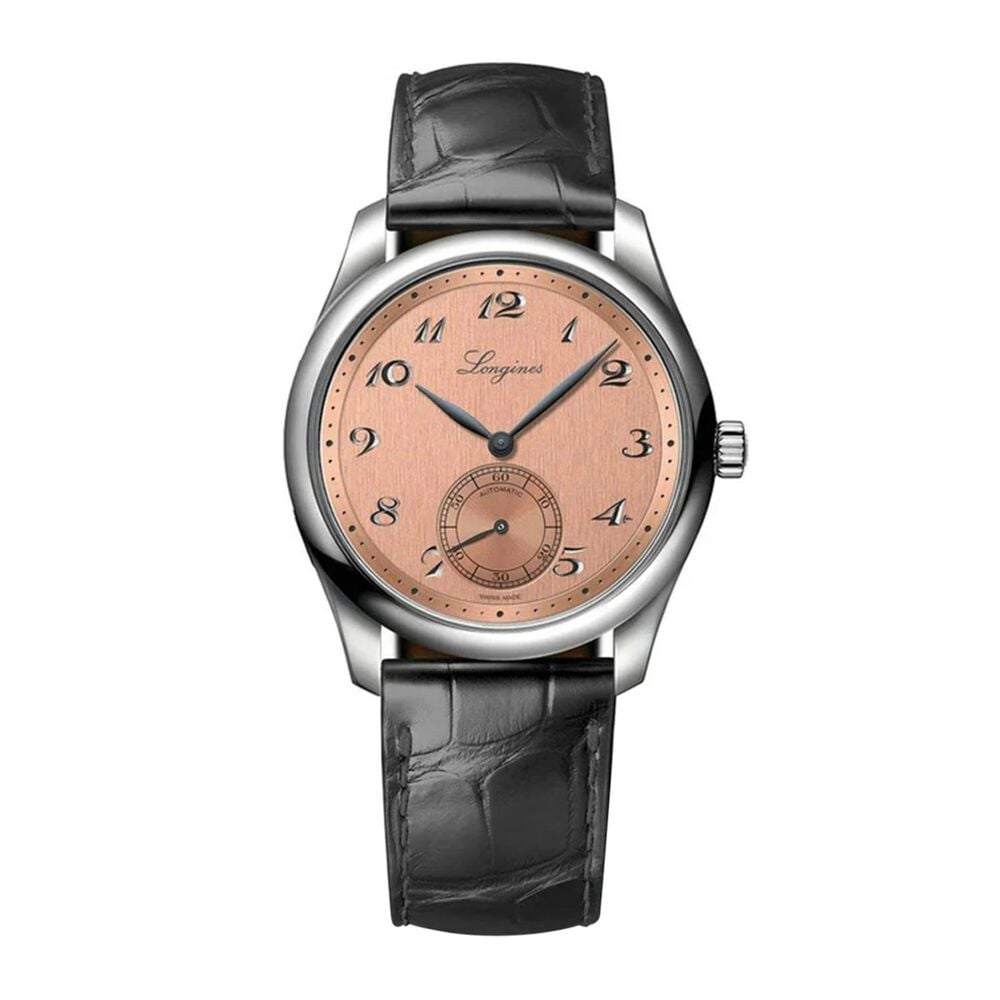The Longines Master Collection 38.5mm Salmon Dial Black Leather Strap Watch