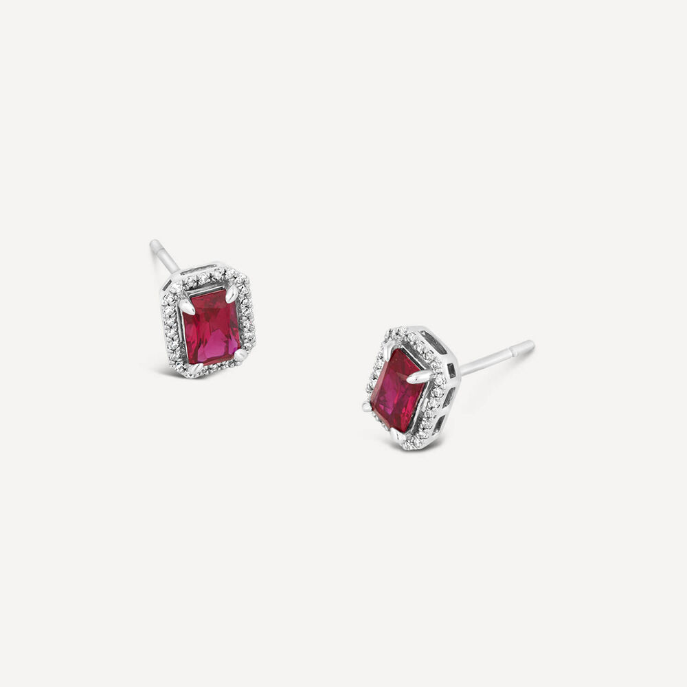 9ct White Gold Ruby and Diamond Rectangular Created Stud Earrings image number 1