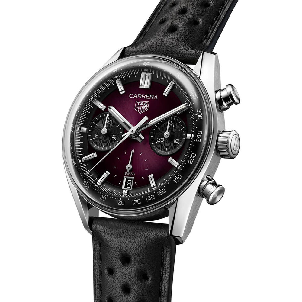 TAG Heuer Carrera Chronograph 39mm Purple Dial Black Leather Strap Watch image number 1