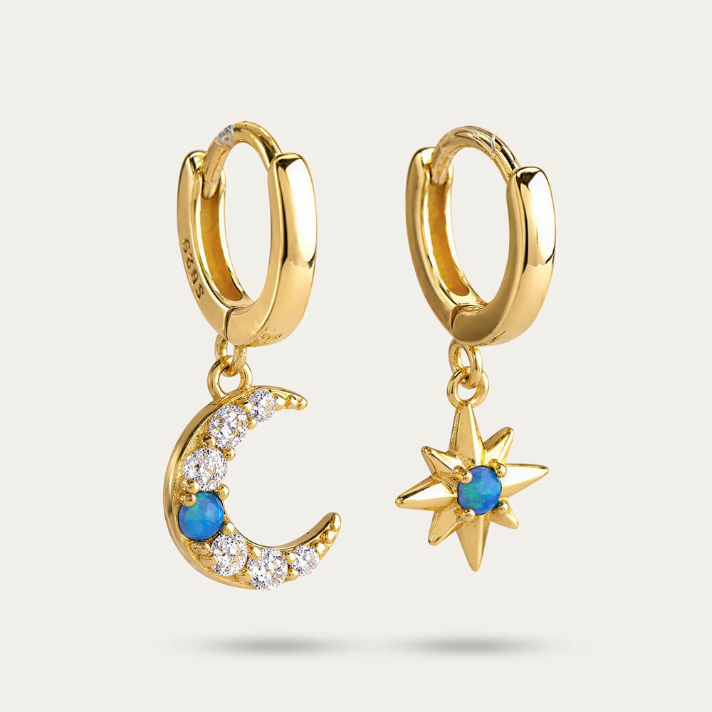 Yellow Gold Plated Sterling Silver Moon & Star Mixed Pair Drop Earrings