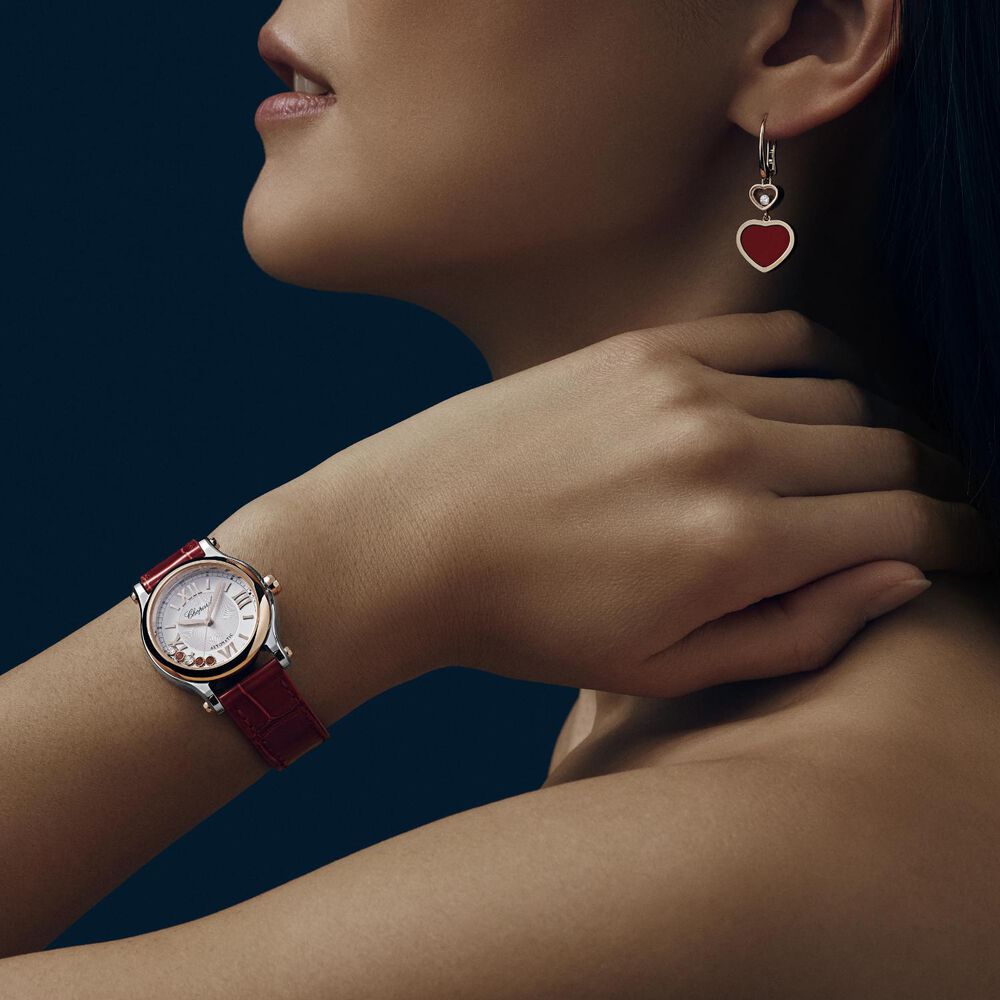 Chopard Happy Sport 30mm Silver Dial Diamond & Ruby Red Leather Strap Watch