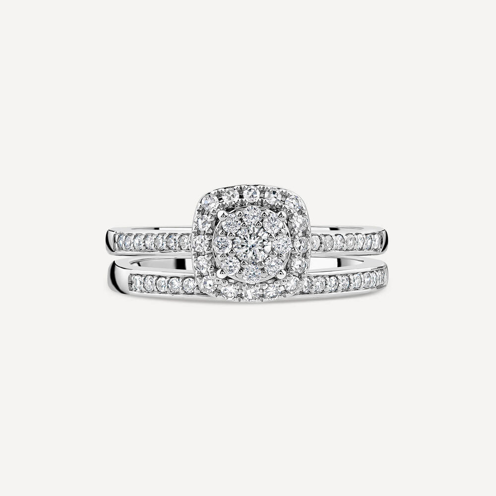 9ct White Gold 0.45ct Square Cluster Halo & Diamond Shoulders Bridal Set image number 3
