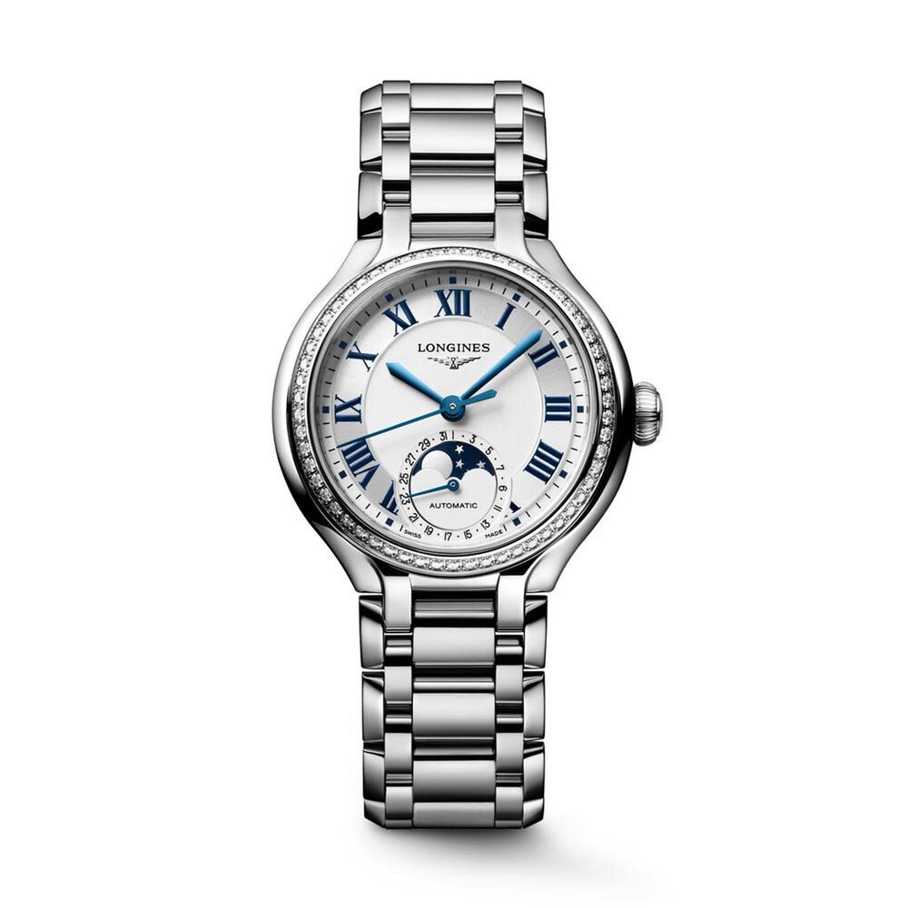 Longines Elegance Primaluna 34mm Moonphase Silver Dial Diamond Bezel Steel Bracelet Watch image number 0