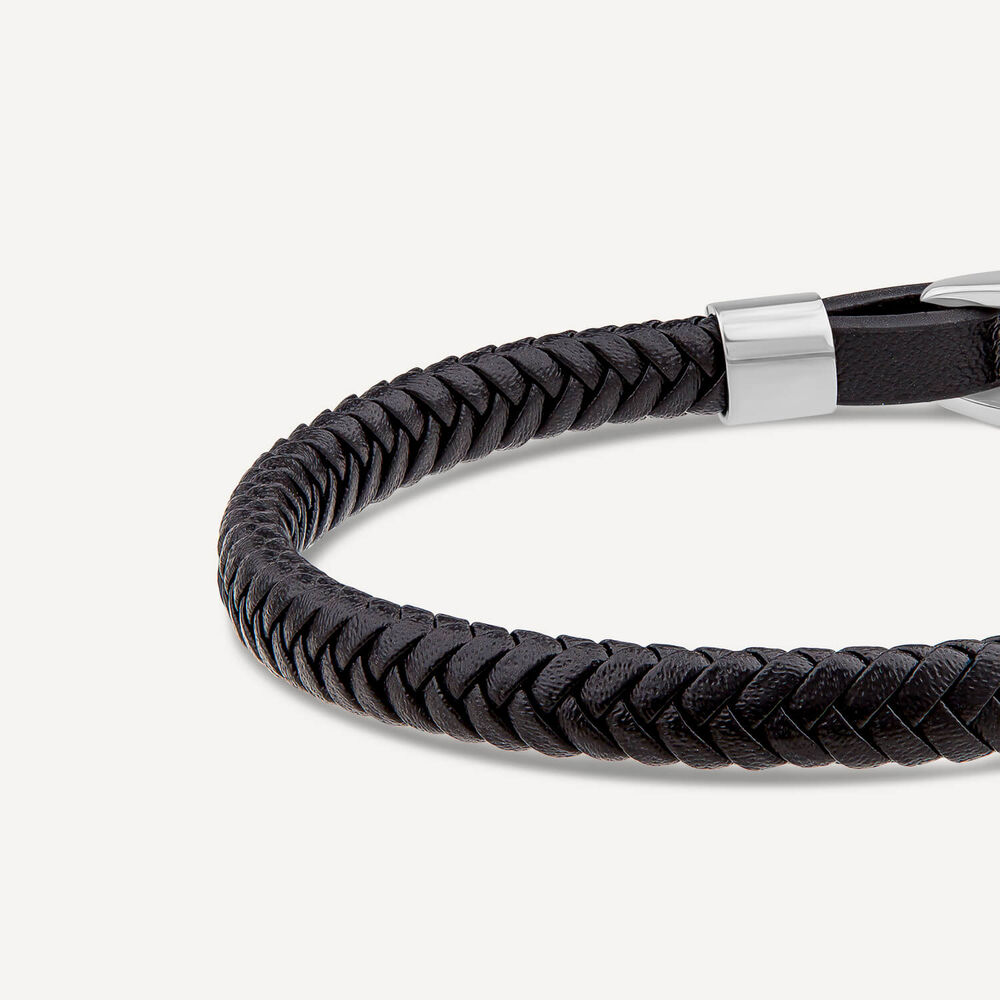 Men's Steel & Black Leather Plait Bracelet