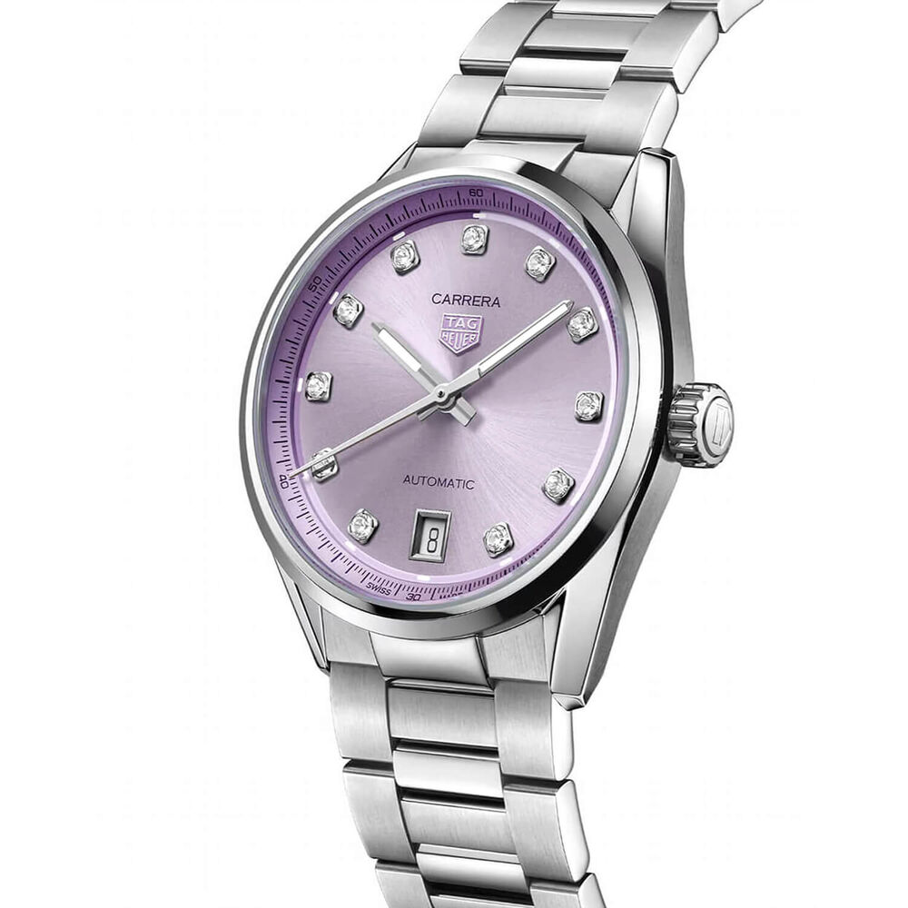 TAG Heuer Carrera Date 36mm Lilac Dial Diamond Dots Stainless Steel Bracelet Watch image number 2