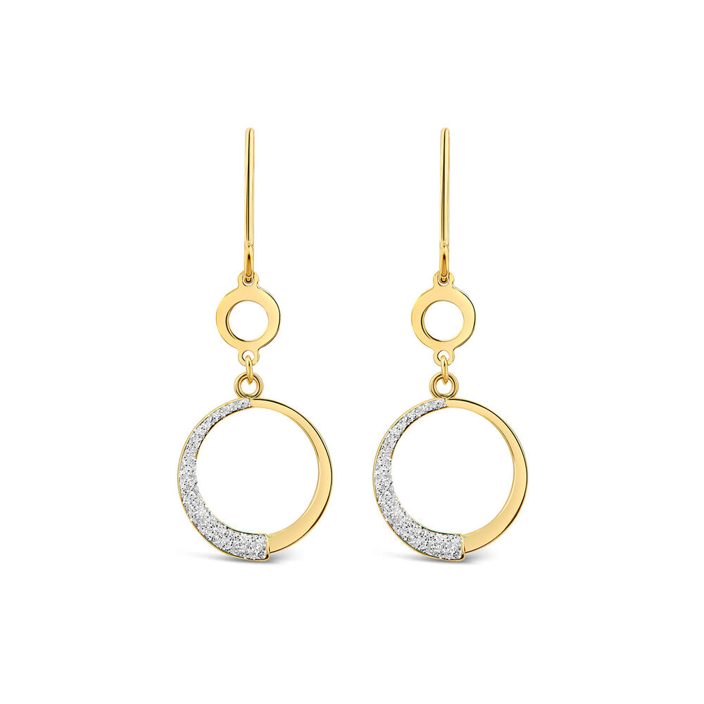 9ct Yellow Gold Half Glitter& Polished Round Disc Circle Drop Earrings