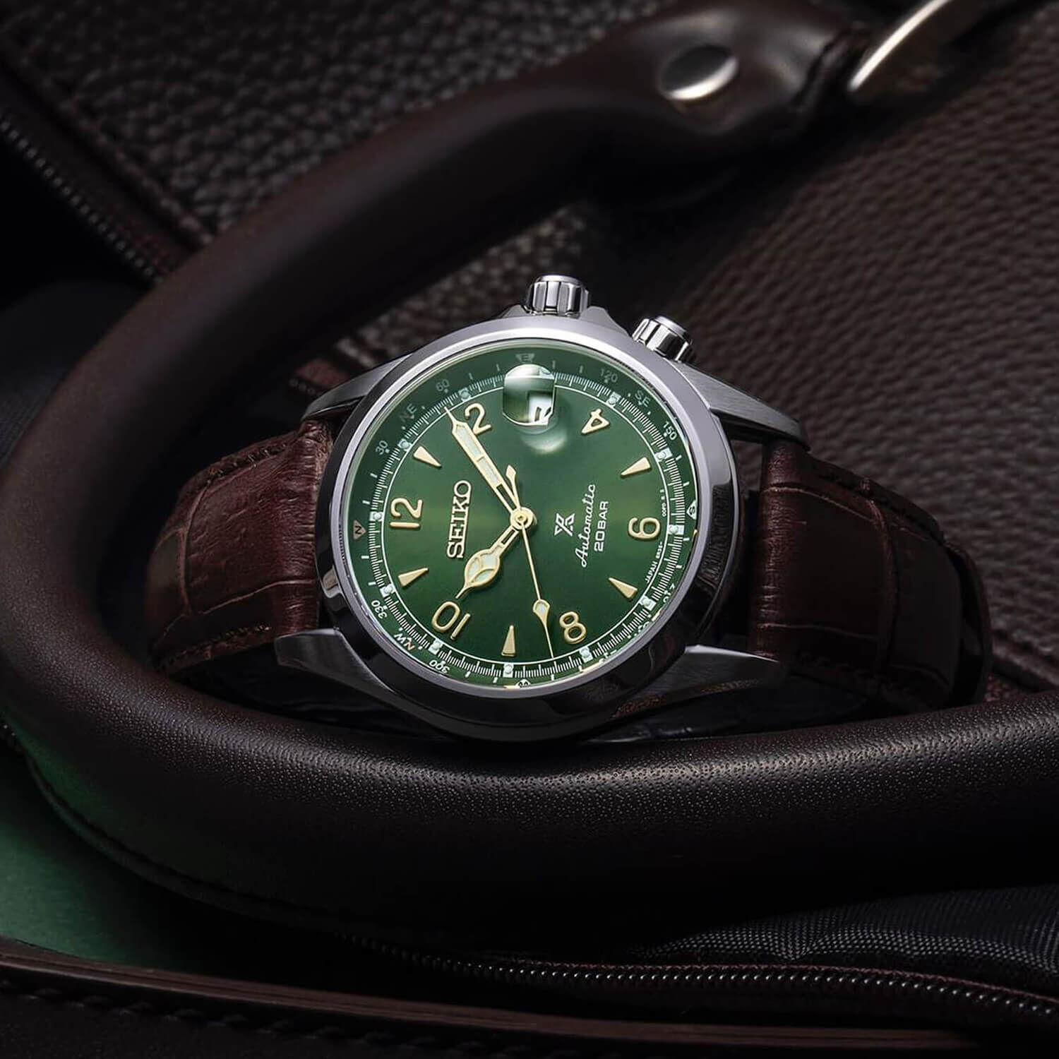 Seiko Prospex Alpinist 39.5mm Green Dial Brown Strap Watch at Fraser Hart