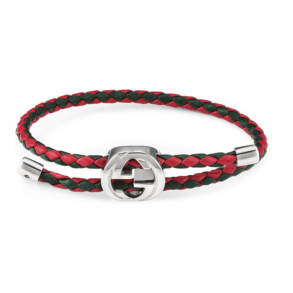 Gucci Sterling Silver Charm Red & Green Leather Bracelet