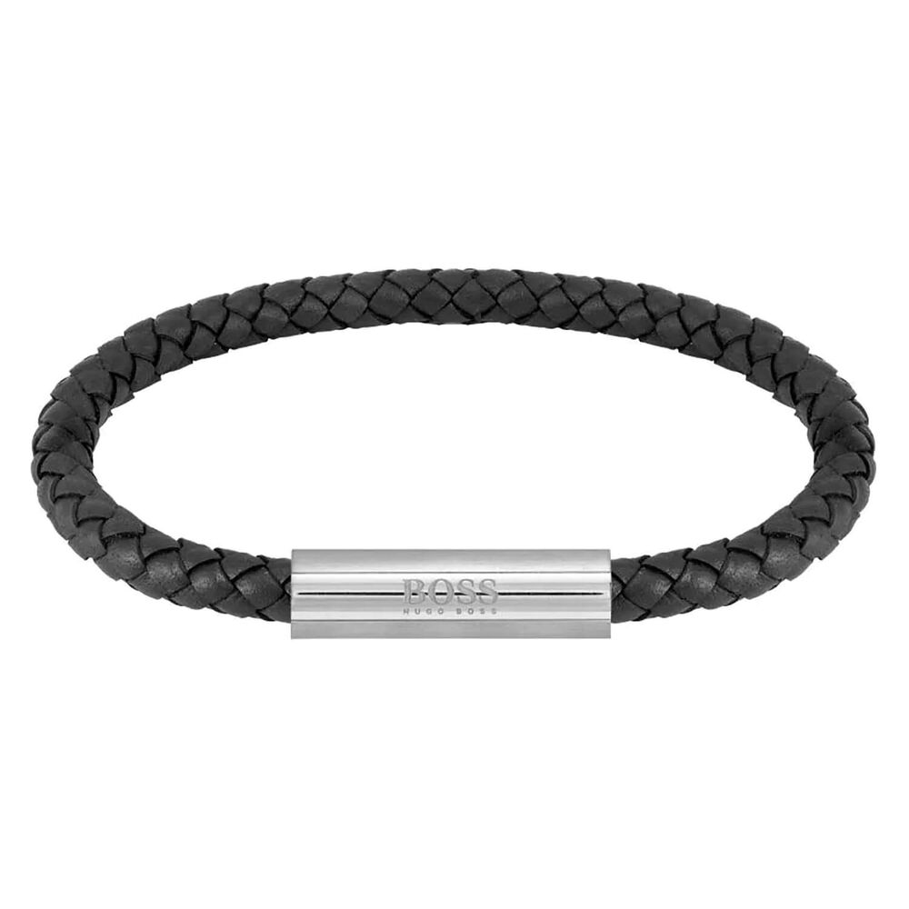 BOSS Braided Black Leather Mens Bracelet