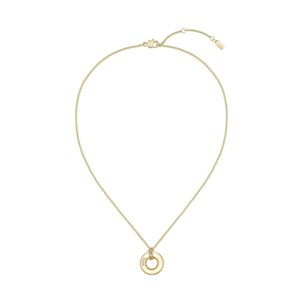 BOSS Live Gold Tone Steel Logo Hoop Pendant image number 1