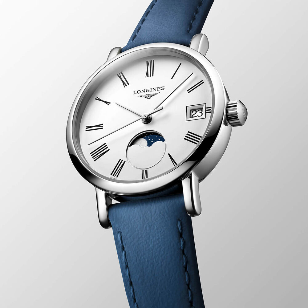 Longines Elegant 30mm White Dial Moonphase Blue Leather Strap Watch