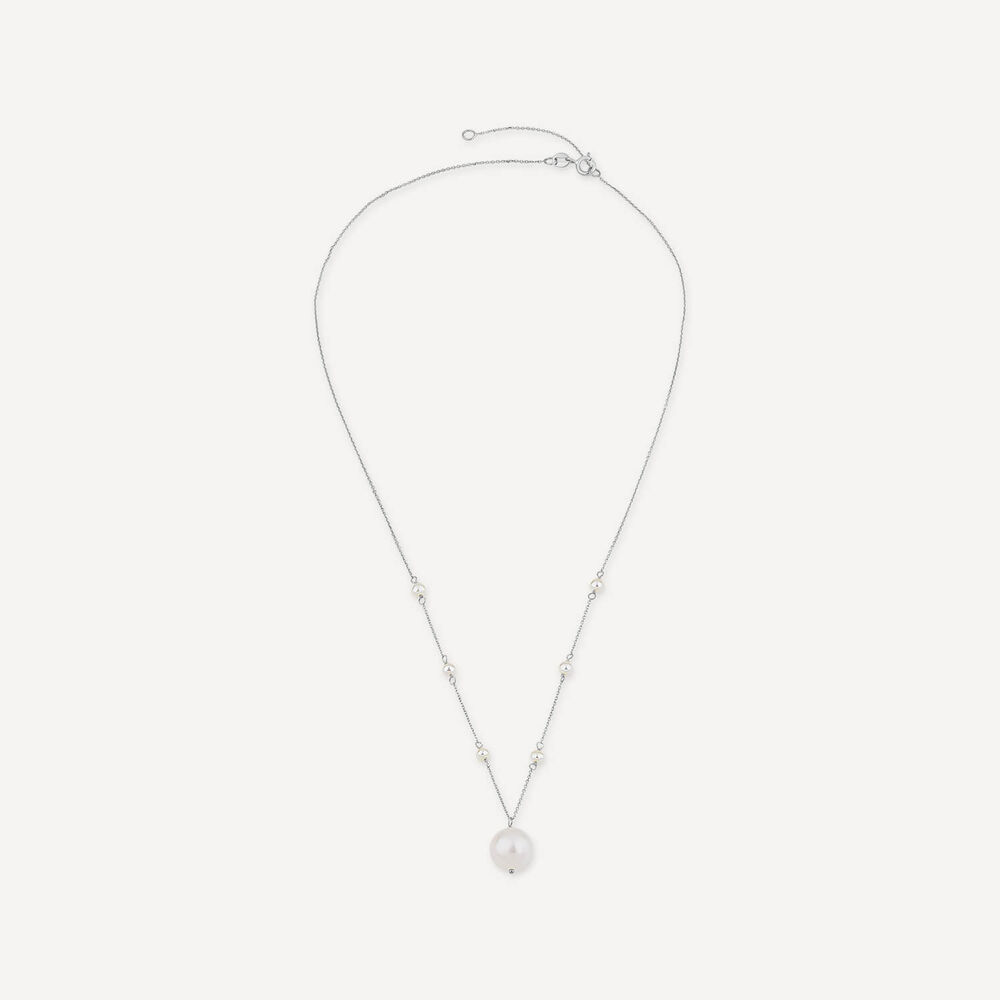 9ct White Gold Pearl Station Chain & Pearl Drop Pendant Necklet image number 2