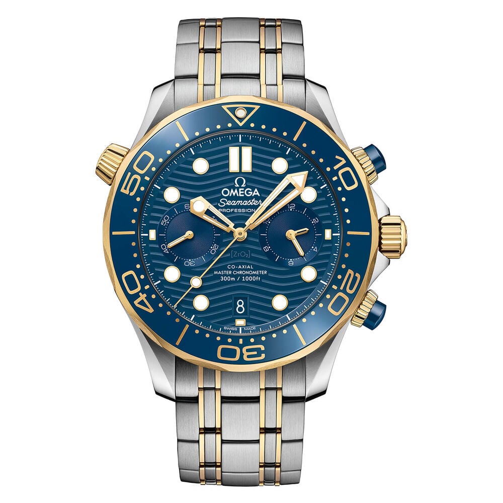 Omega Seamaster Diver 300 Chrono Blue Mens Silver & Yellow Gold Watch