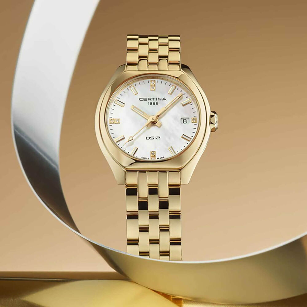 Certina DS-2 25mm White Mother of Pearl Dial Gold Tone Steel Bracelet Watch