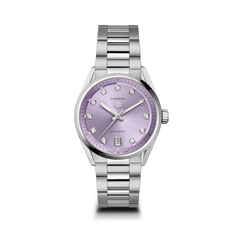TAG Heuer Carrera Date 36mm Lilac Dial Diamond Dots Stainless Steel Bracelet Watch image number 0